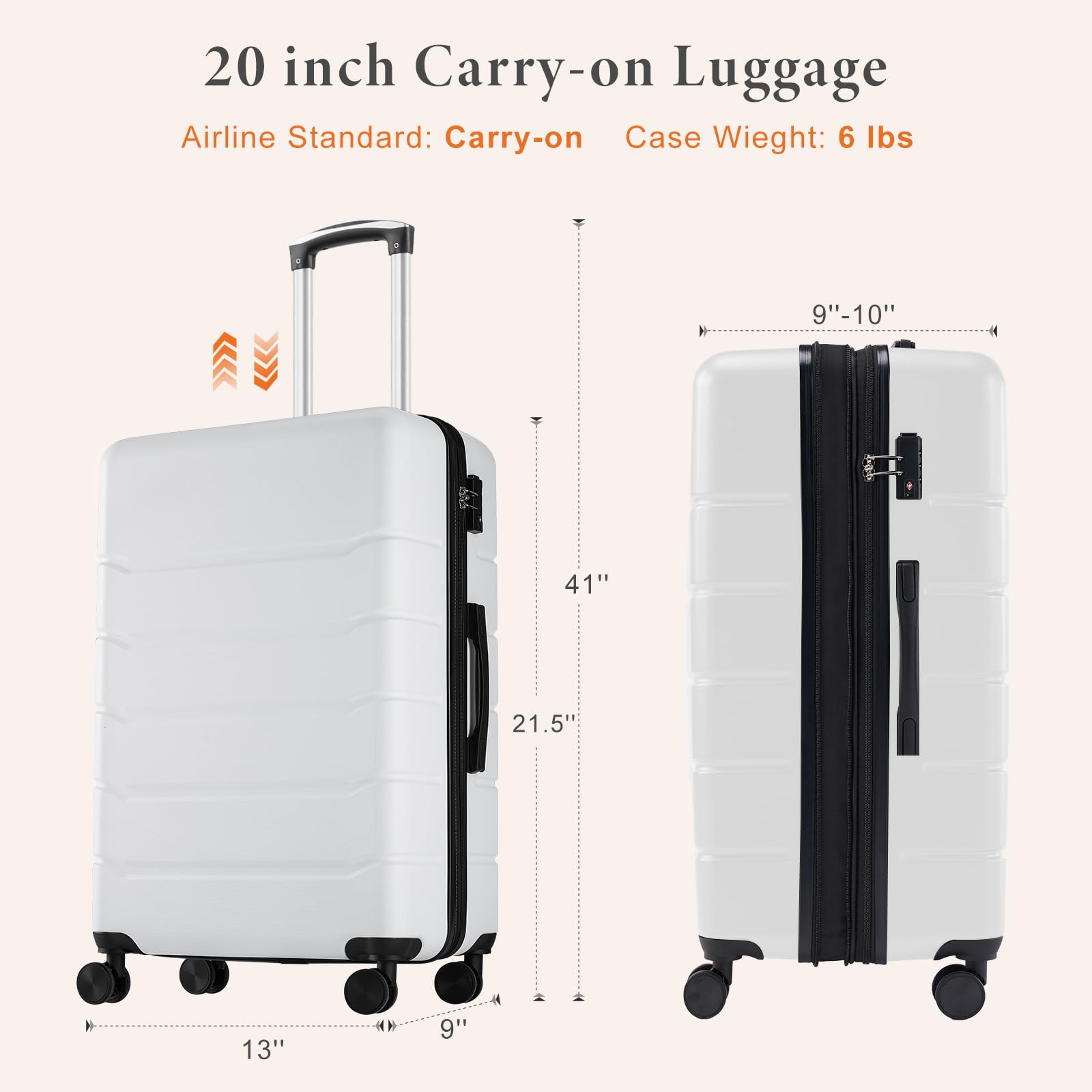 Sweetcrispy Carry on Luggage, Hard Shell ABS Suitcase with Double Spinner Wheels, Lightweight Expandable Rolling Suit Case with TSA Lock, 20 Inch Cream White