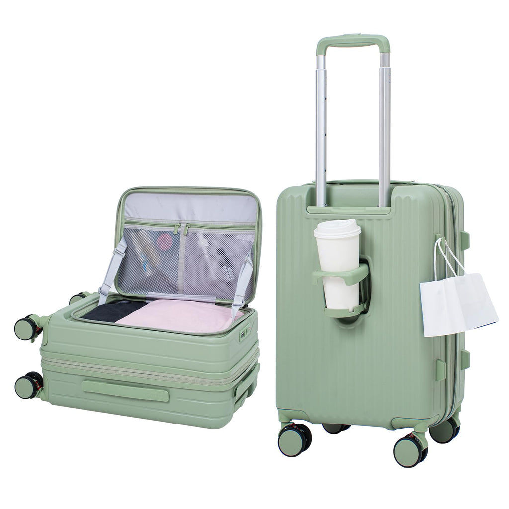 VATILIN 20 Inch Top Opening Carry On Luggage 22x14x9 Airline Approved Expandable With Spinner Wheels & Cup Holder,PC Hard Shell Lightweight Small Shitcase With Tsa Approved For Travel Women Men,Green