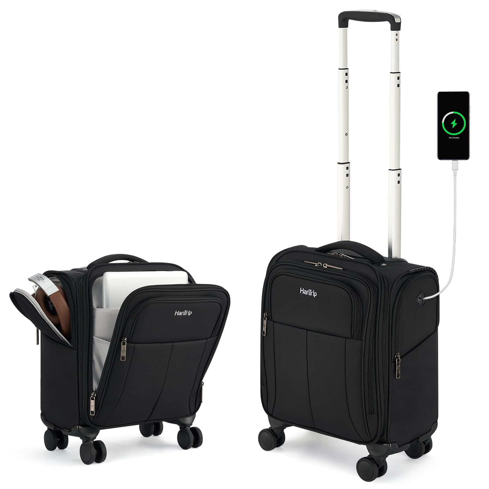 HanTrip 16 Inch Underseat Carry On Luggage with Wheels Softside Small Suitcases Personal Item Bag with Pocket Travel Luggage for Men Women Business Overnight Bag(Black)