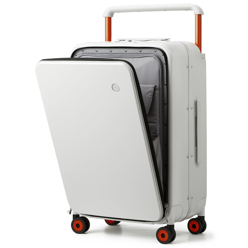 mixi Checked Luggage Wide Handle Luxury Design Rolling Travel Suitcase PC Hardside with Aluminum Frame Hollow Spinner Wheels, with Cover, 24 inch, Smoke White