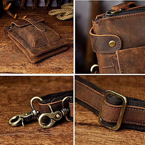 Le'aokuu Mens Genuine Leather Small Messenger Shoulder Satchel Waist Bag Pack 8711 (8711 A-Dark Brown)