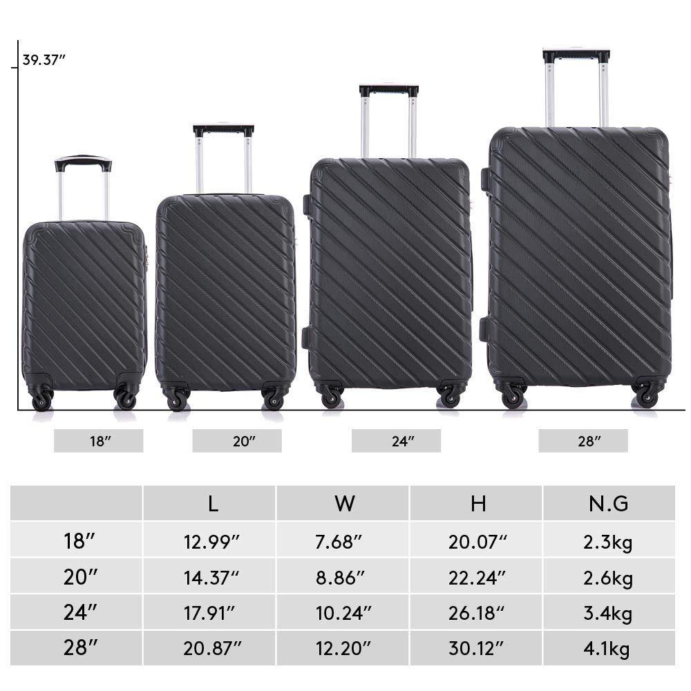 Apelila 4PC 18-28 Inch Hardshell Luggage ABS Luggages Sets With Spinner Wheels Hard Shell Spinner Carry On Suitcase (Black, 4 PCS)