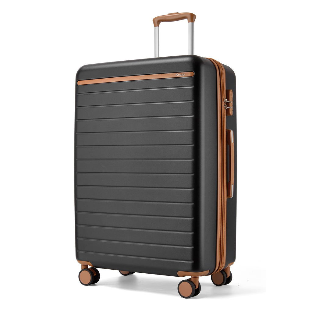 Kono 28 Inch Large Suitcase, Expandable for Long Trips, Impact-Resistant ABS+PC & Silent Wheels, Black, Lightweight Hardshell Luggage, Smooth Rolling Spinner Suitcase for Travel，Black/Brown