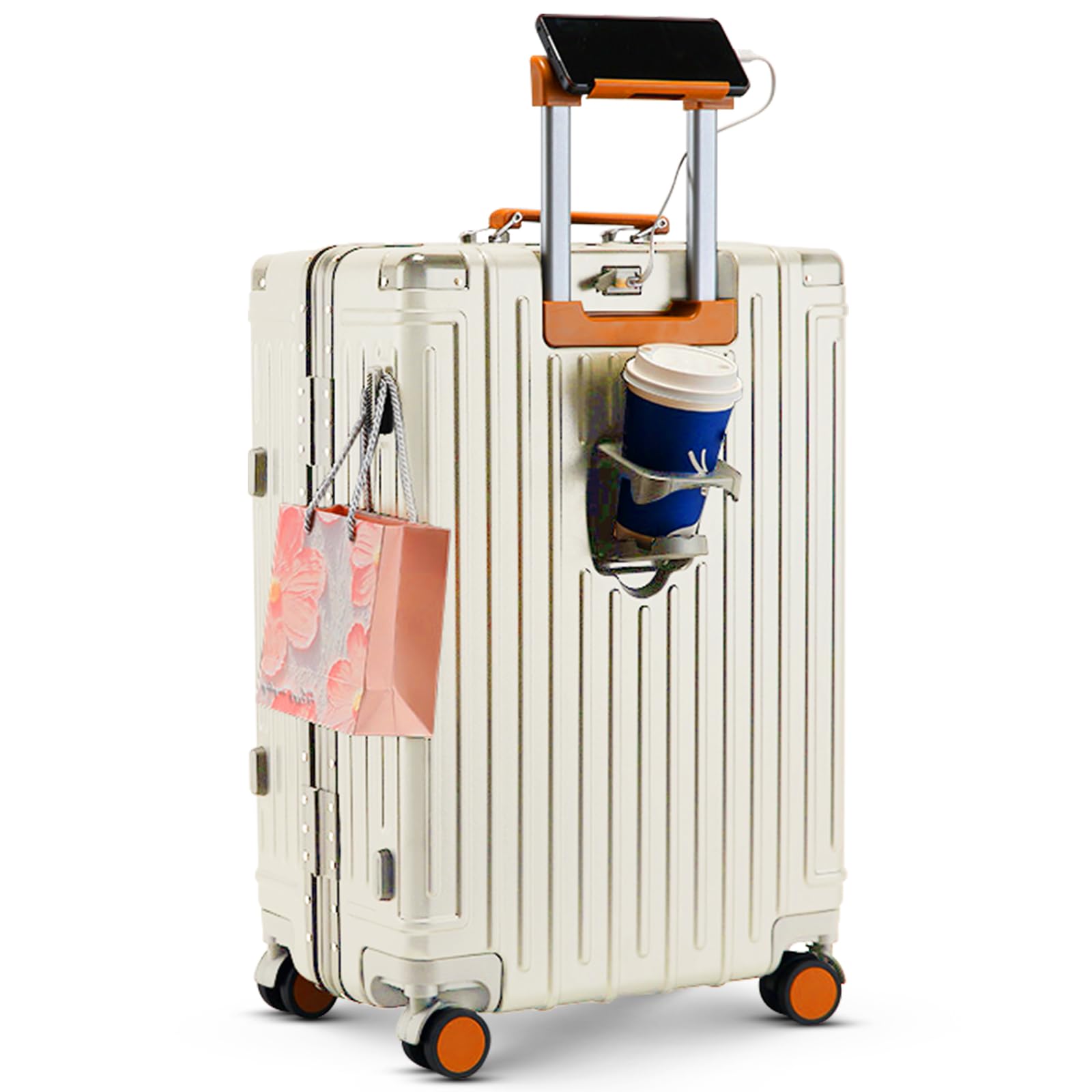 22 inch carry on luggage suitcase locks TAS approved Hardside Lightweight Suitcase with Cup Holder TSA Lock Carry On Luggage with USB Port Phone Holder suitcases with 360° 8 Double Spinner Wheels