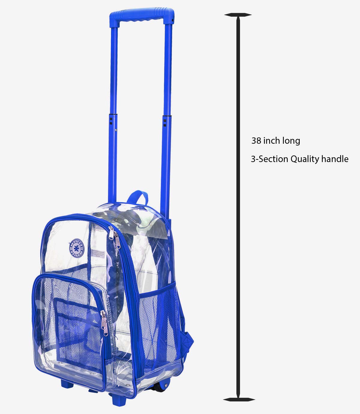Rolling Clear Backpack Heavy Duty Bookbag Quality See Through Workbag Travel Daypack Transparent School Book Bags with Wheels Royal Blue