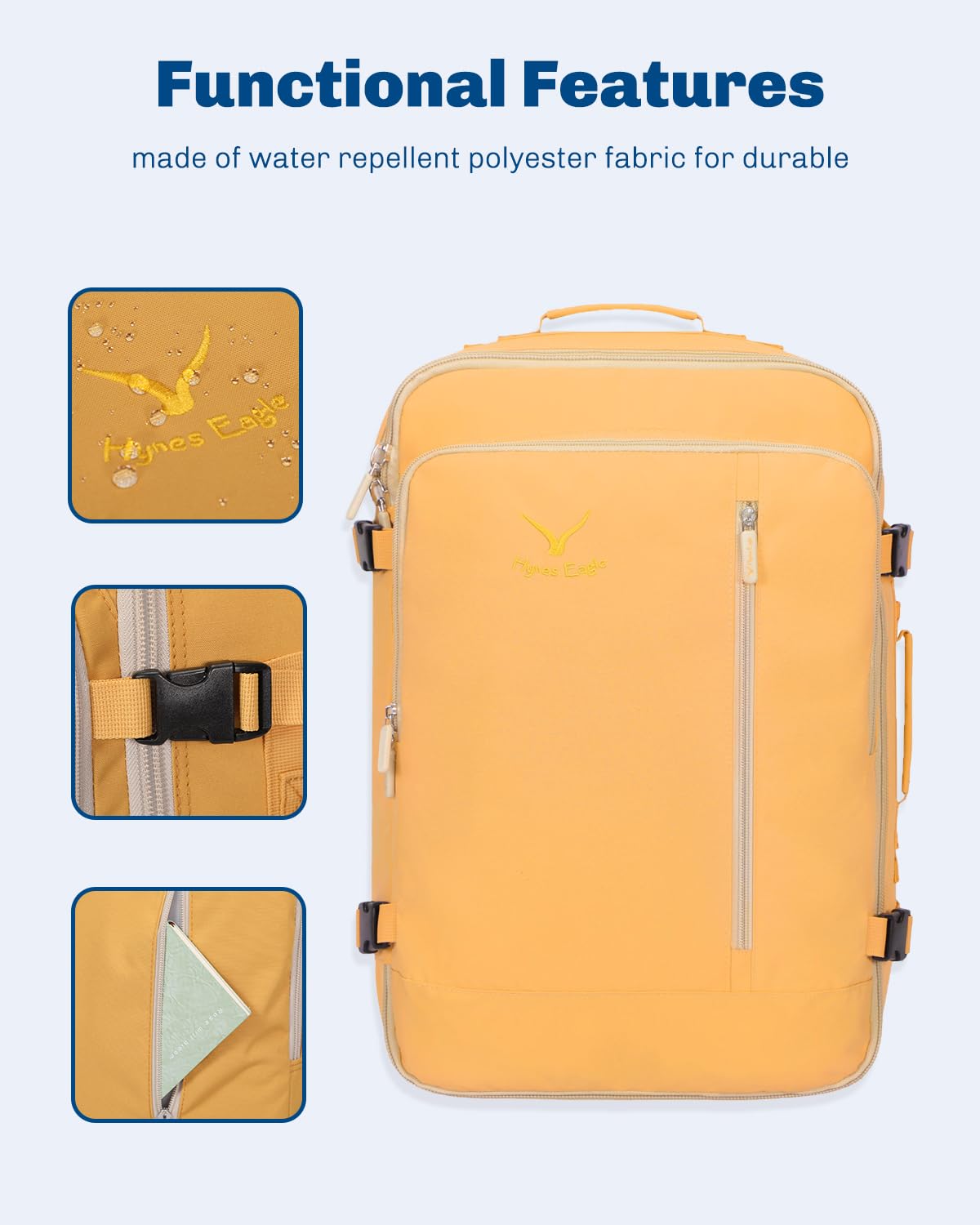 Hynes Eagle Carry on Backpack 38L Large Travel Backpack for Women Flight Approved Weekender Bag Laptop Backpack Men 15 inches Yellow