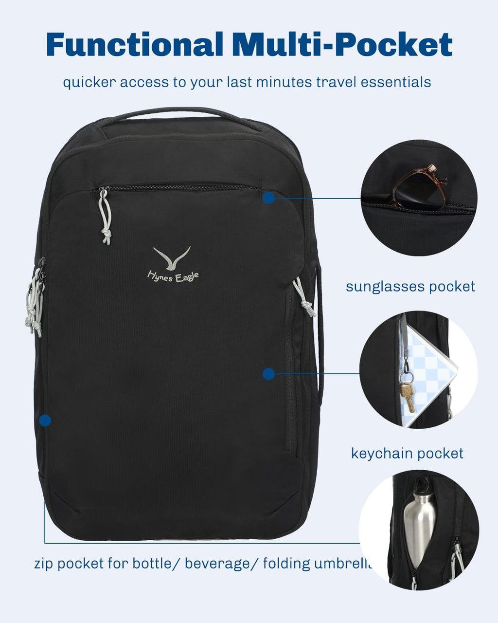 Hynes Eagle TSA Friendly Travel Backpack for Men Women Carry on Backpack 40L Flight Approved Laptop Backpack for 17 inches Compressible Weekender Bag Overnight Backpack Jet Black