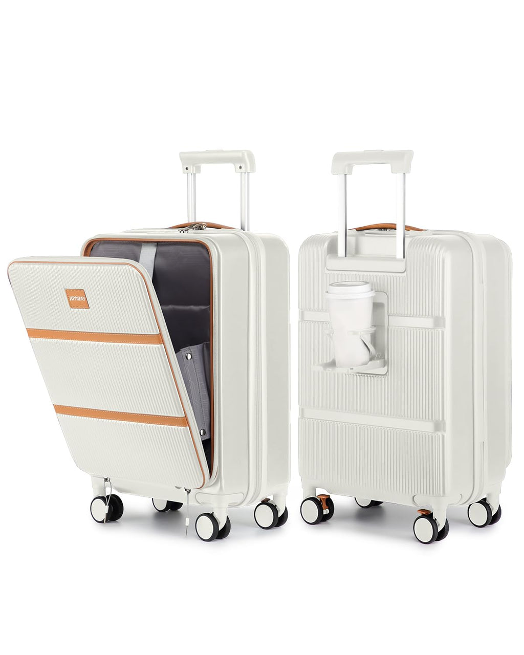 Joyway Carry on Luggage Airline Approved with Front Pocket, Hardside 20 Inch Travel Luggages with Cup Holder, Carry-on Suitcase with Spinner Wheels for Men and Women (White, 20 Inch)