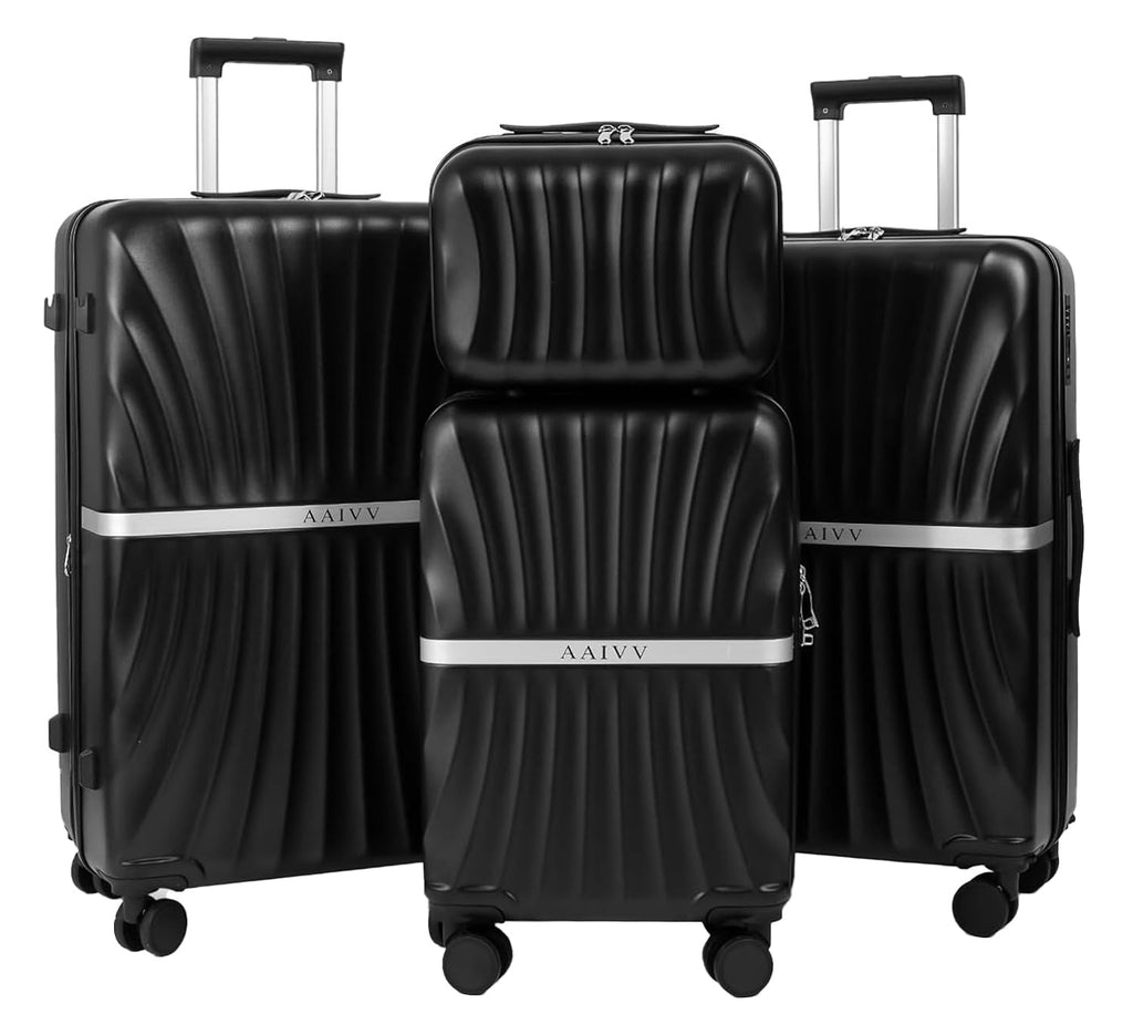 AAIVV Luggage 4 Piece Set Suitcase with TSA, Airline-Approved Hard Shell Expandable Double Spinner Rolling Wheels Suitcases for Lightweight Travel (Black, 28in26in20in13in)