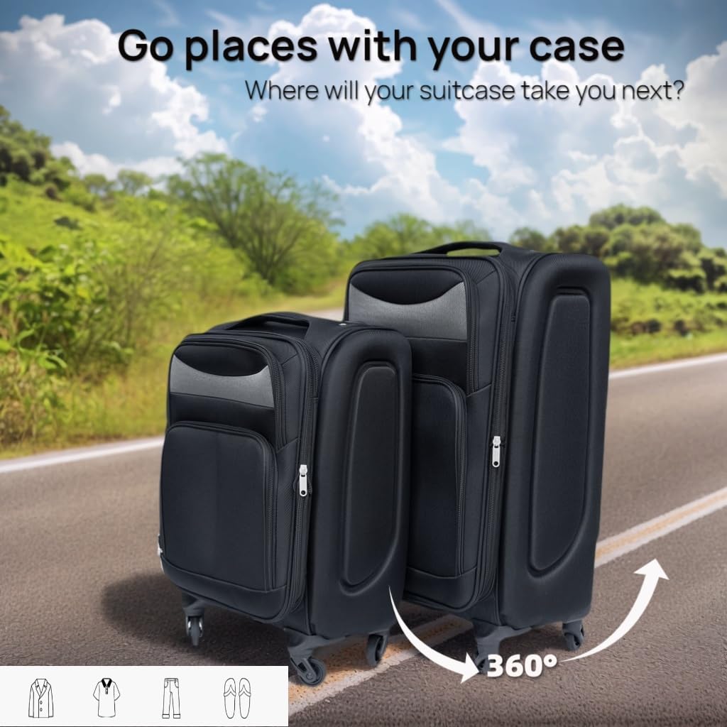 SYMCAVE 2 Piece Luggage sets - 20/24 Inch Lightweight Oxford Fabric softside Suitcase with 360° Spinner Wheels, Water-Resistant Travel Case (Password lock not Included) (Black)