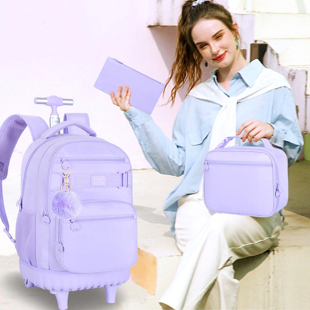 TXHVO 3Pcs Rolling Backpack for Girls Women, 19 Inche School Roller Backpacks with Wheels, Adults Wheeled Bookbag with Lunch Box(Purple)