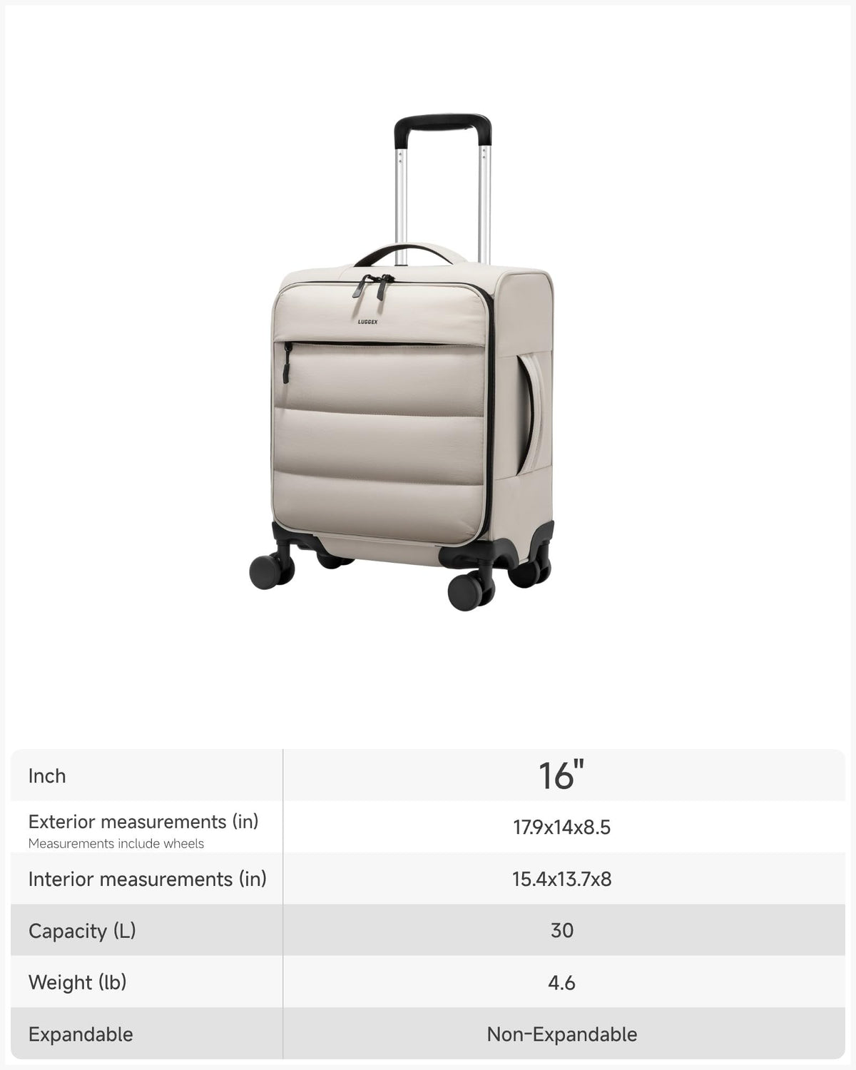 LUGGEX 16 Inch Underseat Carry On Luggage with Spinner Wheels, UDS Softside Lightweight Suitcase for 2-Day Travel (UX-Pro, Beige, 16-Inch)