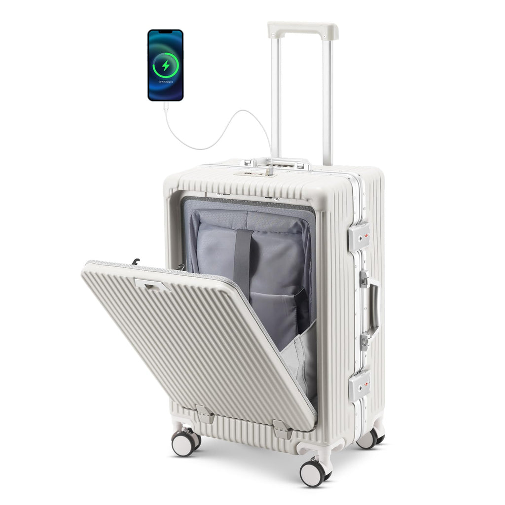 Faqy Z 20 Inch Aluminum Frame Carry On Luggage with Front Pocket, USB Port, Phone Holder & Cup Holder, Hard Shell Spinner Suitcase for Airplane Travel, White