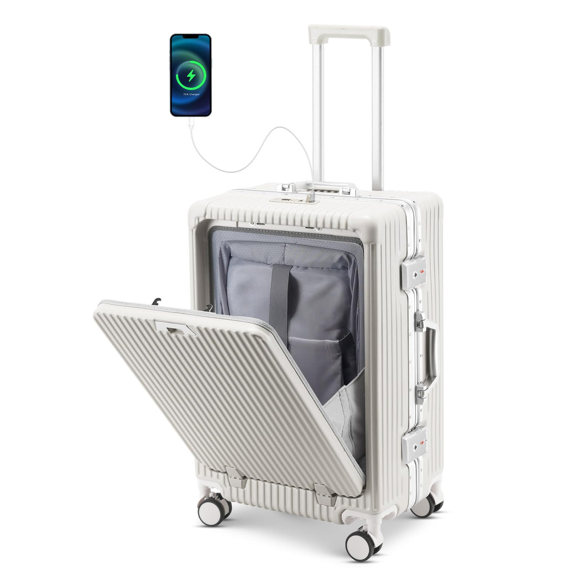 Faqy Z 20 Inch Aluminum Frame Carry On Luggage with Front Pocket, USB Port, Phone Holder & Cup Holder, Hard Shell Spinner Suitcase for Airplane Travel, White