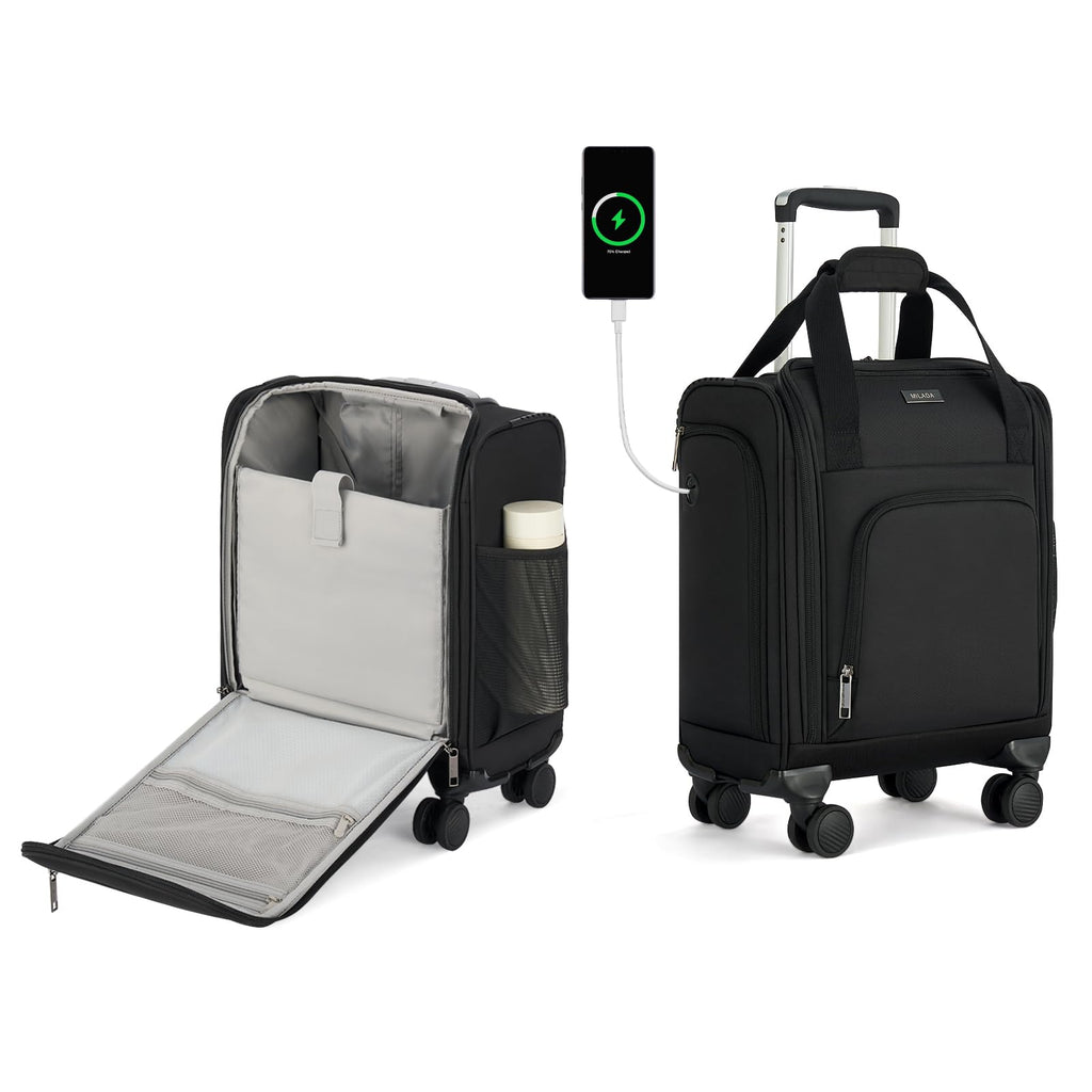 MILADA Underseat Carry On Luggage with Wheels, Airline Approved 16-inch Spinner Small Suitcase, Softside Travel Luggage, Personal Item Overnight Bag, Business Mini Suitcase for Women and Men, Black