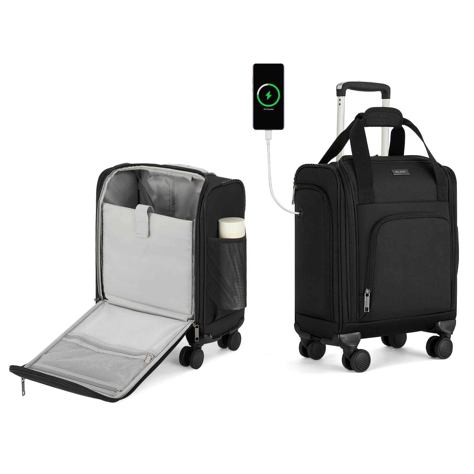 MILADA Underseat Carry On Luggage with Wheels, Airline Approved 16-inch Spinner Small Suitcase, Softside Travel Luggage, Personal Item Overnight Bag, Business Mini Suitcase for Women and Men, Black