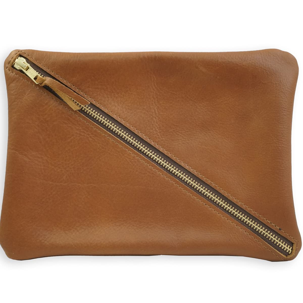 Rustico Large Soft Leather Toiletry Bag with Diagonal Zippers Expandable Dopp Kit Stores Flat 7x10 Made in USA | Saddle/Large