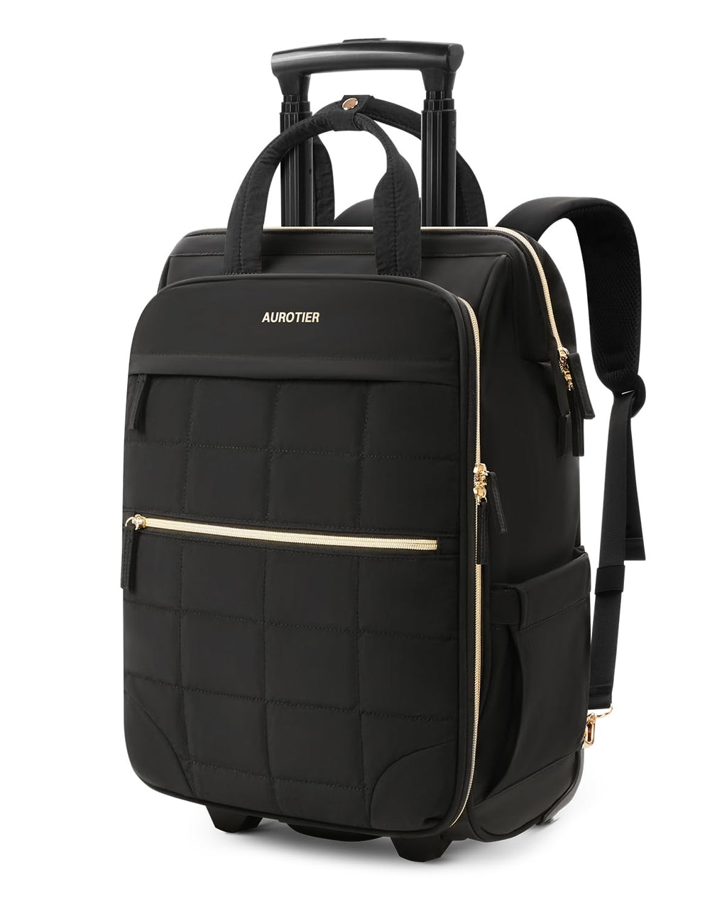 Rolling Puffer Backpack for Women, Wheeled Laptop Backpack, Short-Term Travel Backpack with Wheels, Roller Adults Work Computer Bag, Water Resistant Overnight College Underseat Carry on Luggage, Black