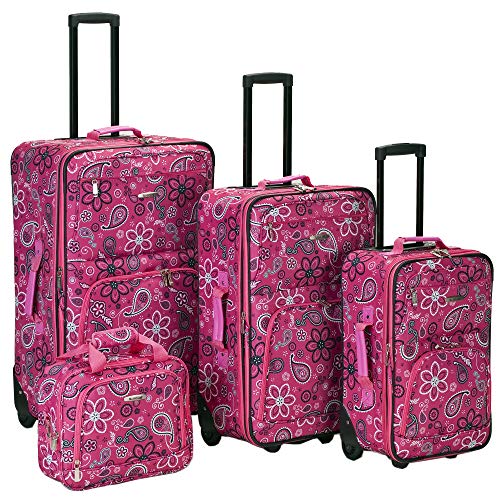 Rockland Fashion Softside 4 Piece Luggage Set, Expandable, (14" Tote/19"/24"/28"), Pink Bandana