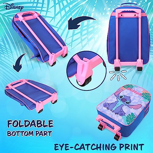 Disney Kids Rolling Luggage 16.0×11.6 in, 16‑L Carry‑On Suitcase with Wheels, Foldable Lightweight Travel Bag, Gifts for Kids (Blue Stitch)