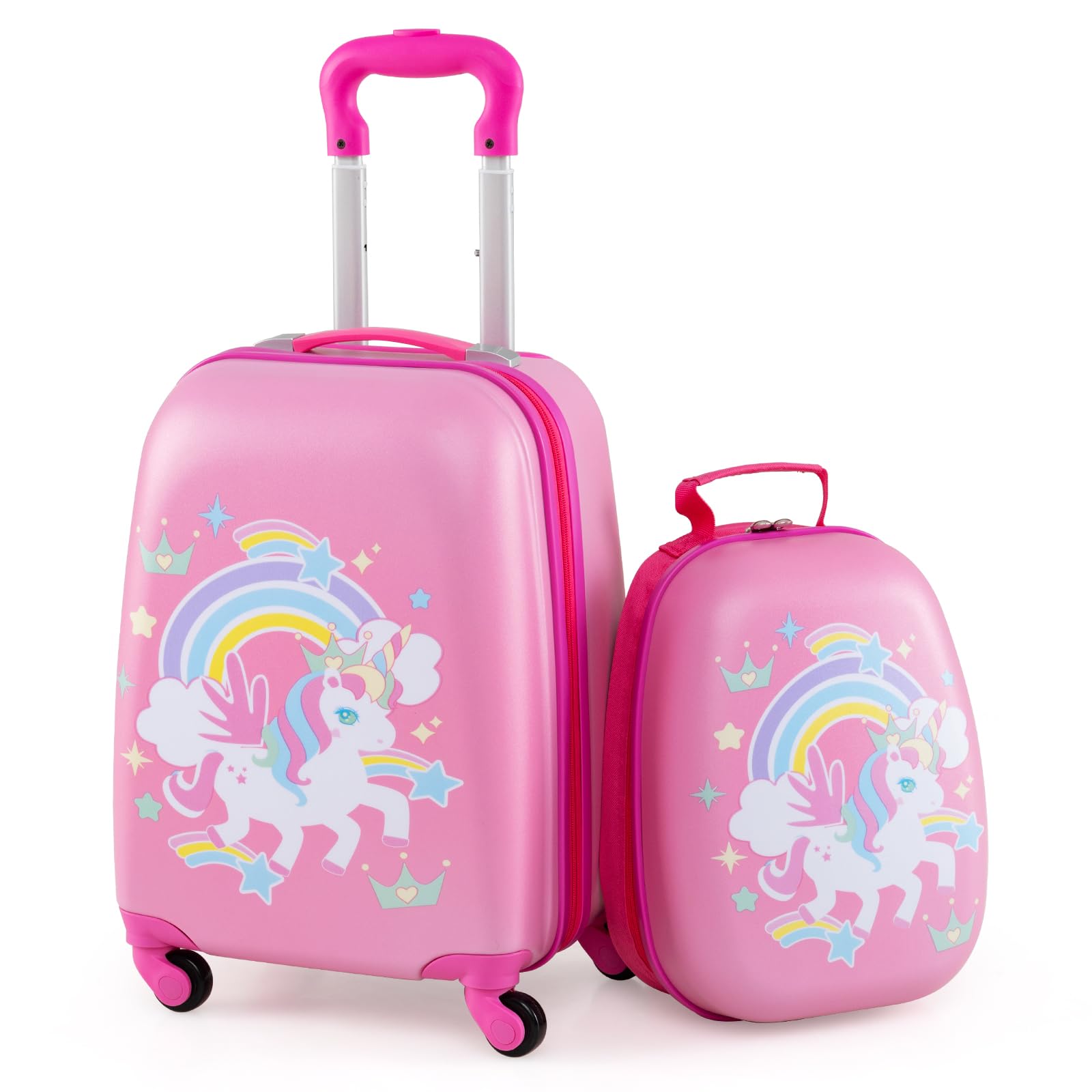 Goplus 2PC Kids Luggage, 12" & 16" Kids Carry On Luggage Set with 4 Spinner Wheels, Lightweight Rolling Spinner Suitcase for Children Toddlers Boys and Girls Travel (Rose Unicorn)