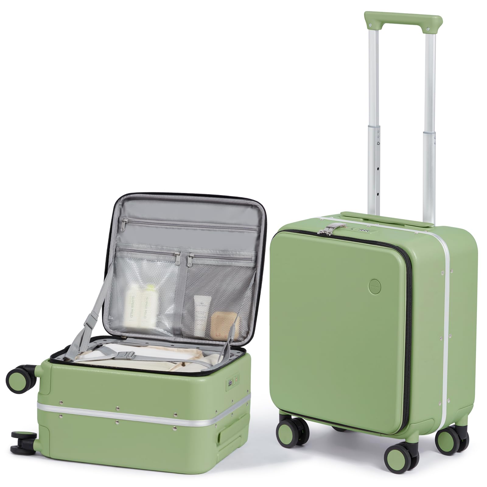 mixi 17x14x9 Carry On Luggage Underseat PC Hard Shell Suitcase Top Opening Aluminum Frame Travel Suitcases with Wheels, Avocado Green