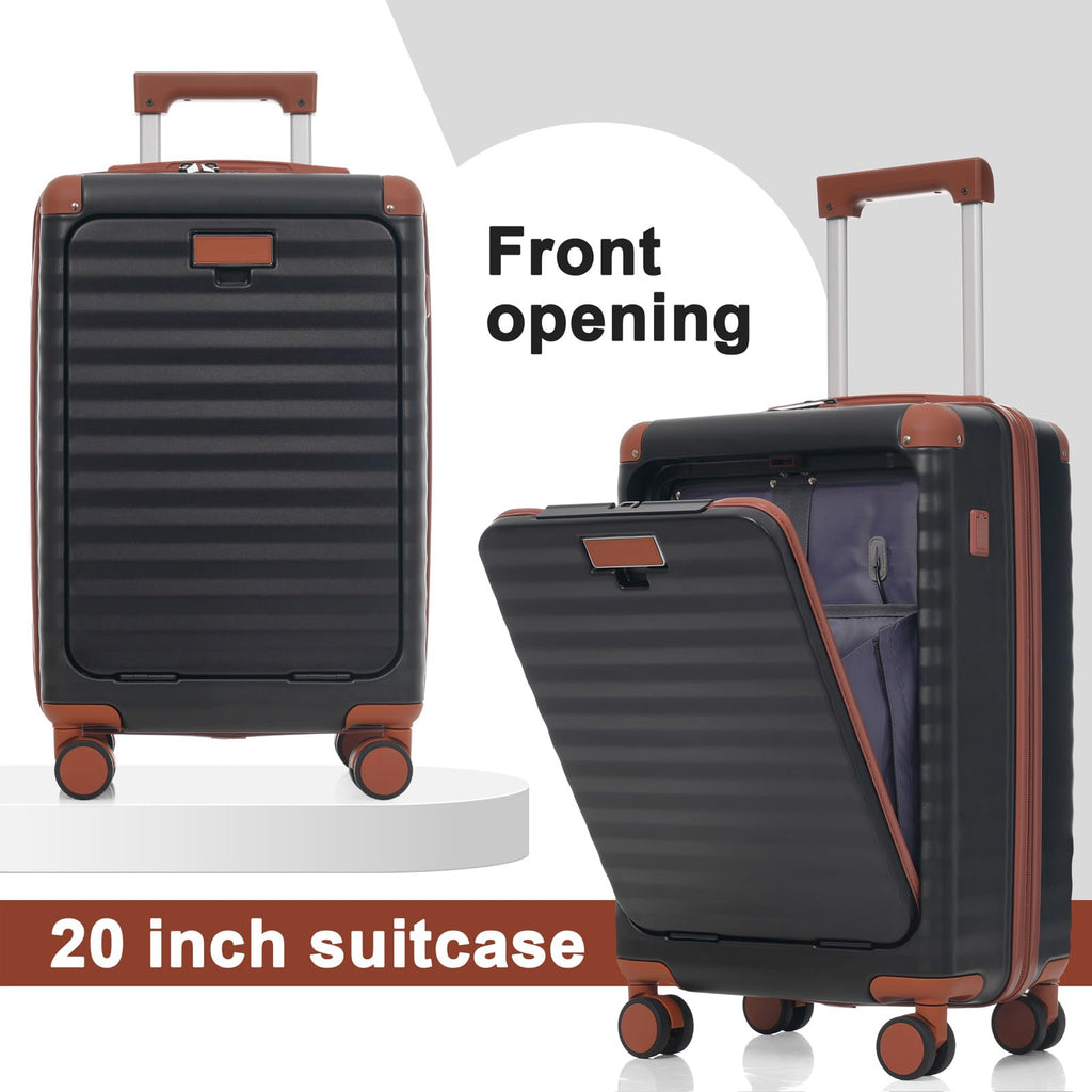Ningering 5 Piece Luggage Set w/TSA Locks & USB Port, Front Opening Hard Shell Luggage Sets, Expandable Suitcase Set with Wheels and Cup Holder(20"/24"/28") (Black Brown)
