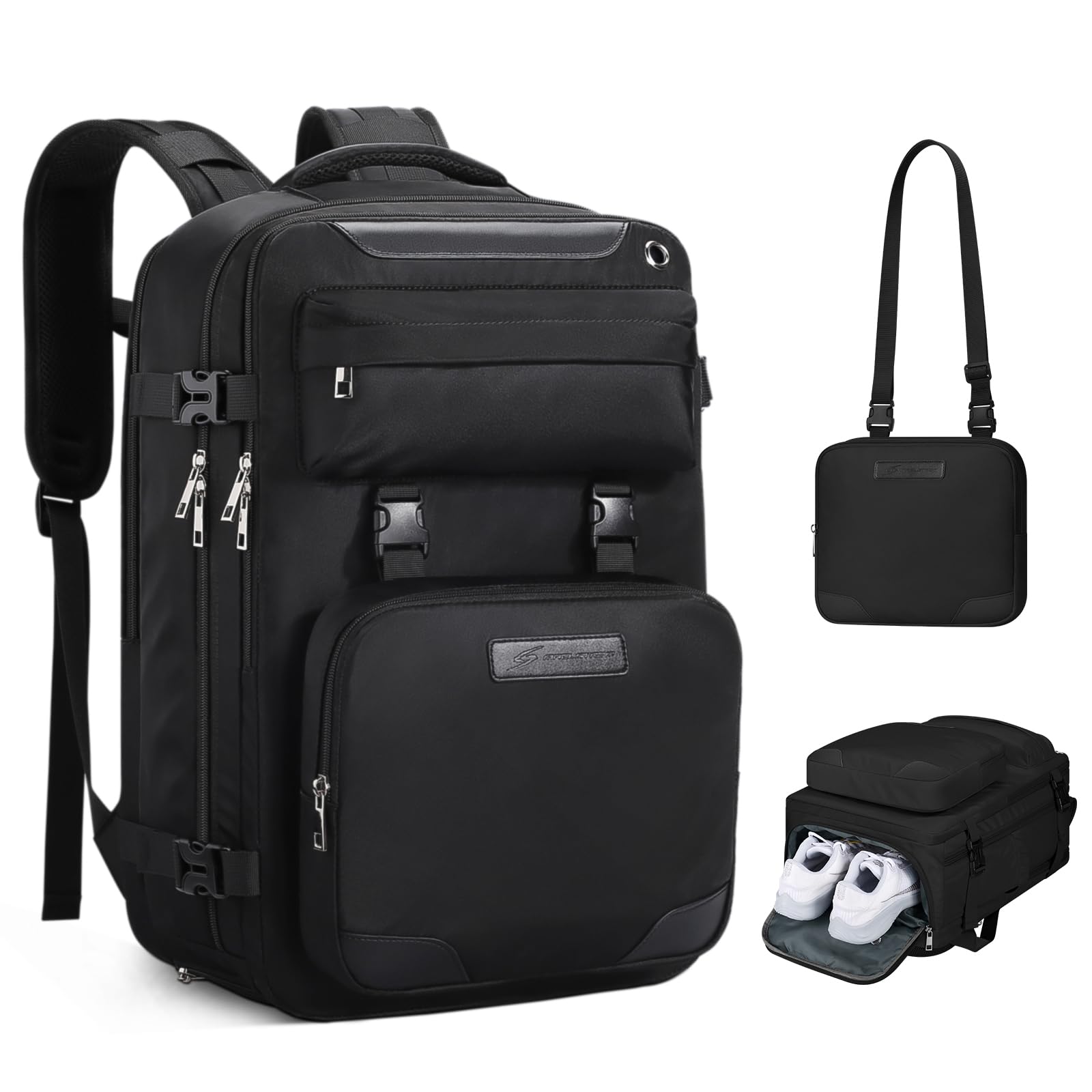 Maelstrom Travel Backpack for Women Men,35L Waterproof Laptop Backpack Fits 17-Inch Laptop, Gift for School Work Backpack with Detachable Crossbody Bag & Shoe Compartment (Black, Large-Upgrade)