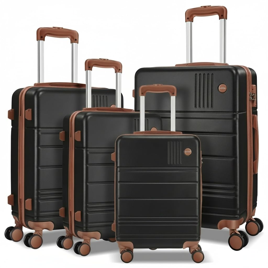 Hoteel Luggage Sets 4 Piece, 4-Yr Warranty Durable Suitcase Dual-Spinner Wheel TSA Lock, Lightweight Travel Hardshell PC+ABS Carry on Luggage for Men&Women, Black(16/20/24/28 inch)
