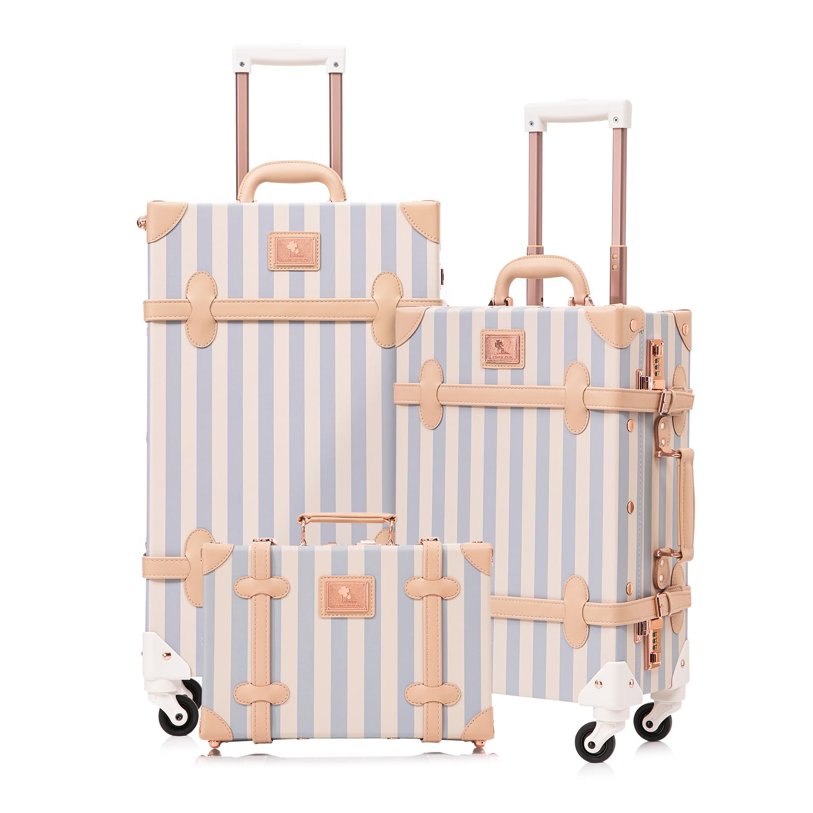 UNIWALKER Vintage Luggage Set of 3, Retro Spinner Trunk with Combo Lock for Women, Cute Designer Travel Suitcase Set with Train Case (26"+20"+12",blue strip)