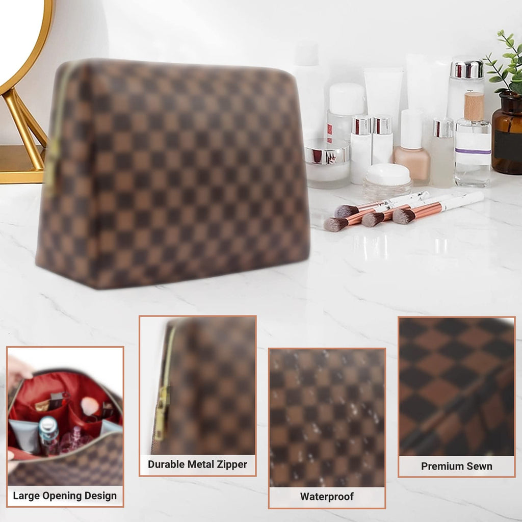 kancehinage Checkered Makeup Bag, 2 Pcs Portable Leather Cosmetic Bag, Travel Toiletry Bag for Women, PERFECT for Christmas, Birthdays, Valentine’s Day