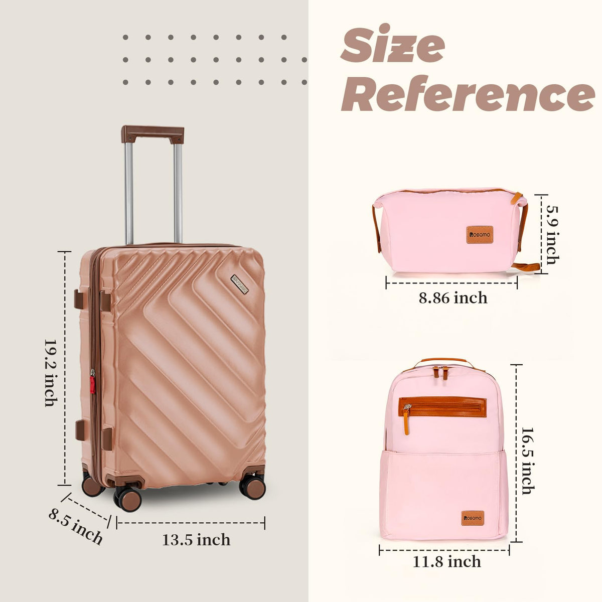 Rosamo 3 piece Luggage Set Expandable Suitcase 22x14x9 Airline Approved Carry on, ABS Hard Case Suitcases with Spinner Wheels, TSA Lock, (Pink, 3 Piece Sets(20/BP/TB))