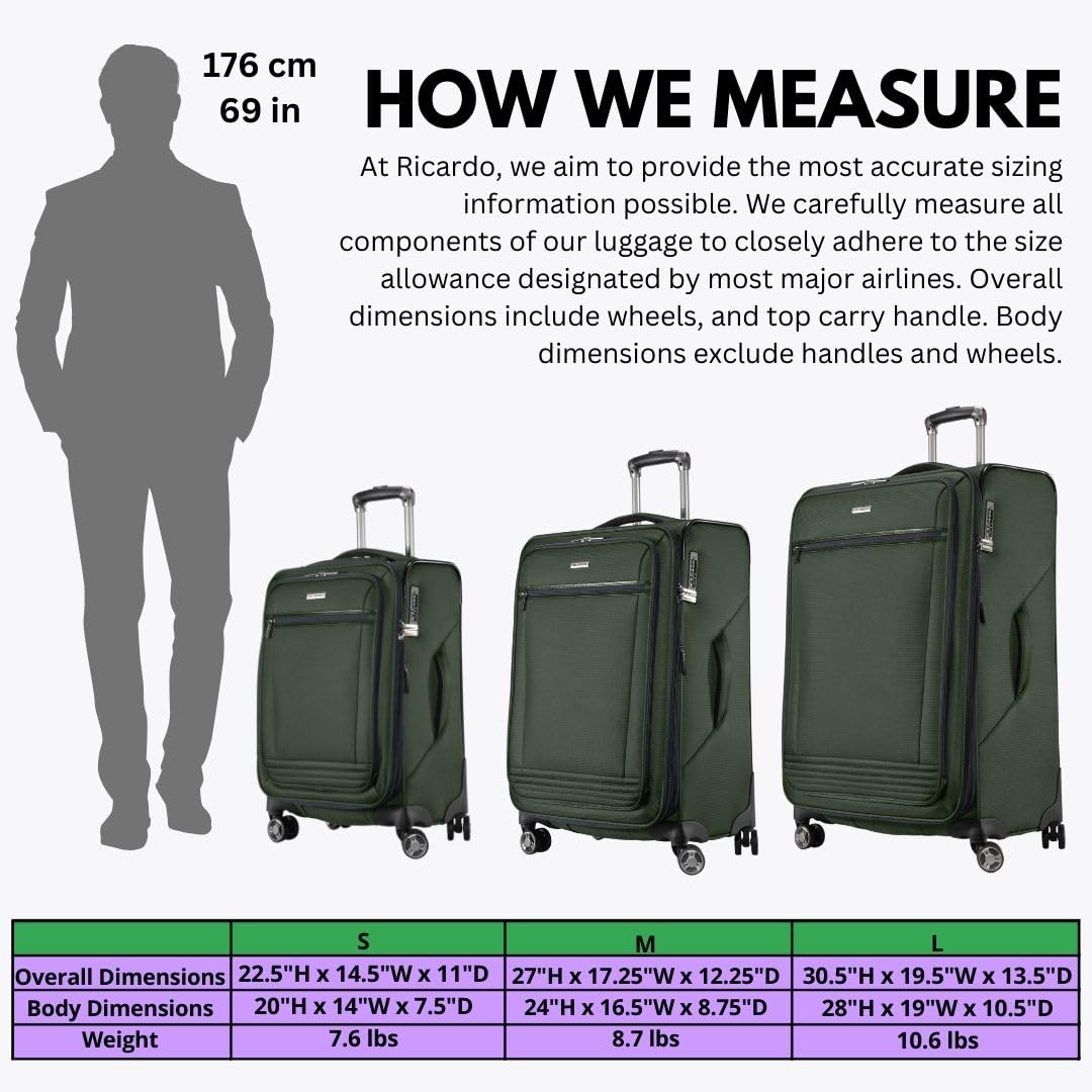 Ricardo Beverly Hills Avalon Softside Medium Check-In Luggage Made with Sustainable 100% Recycled PET (rPET), Lightweight, Eco-Friendly Travel, Expandable, Dual Spinner Wheels, Juniper Green, 28-inch
