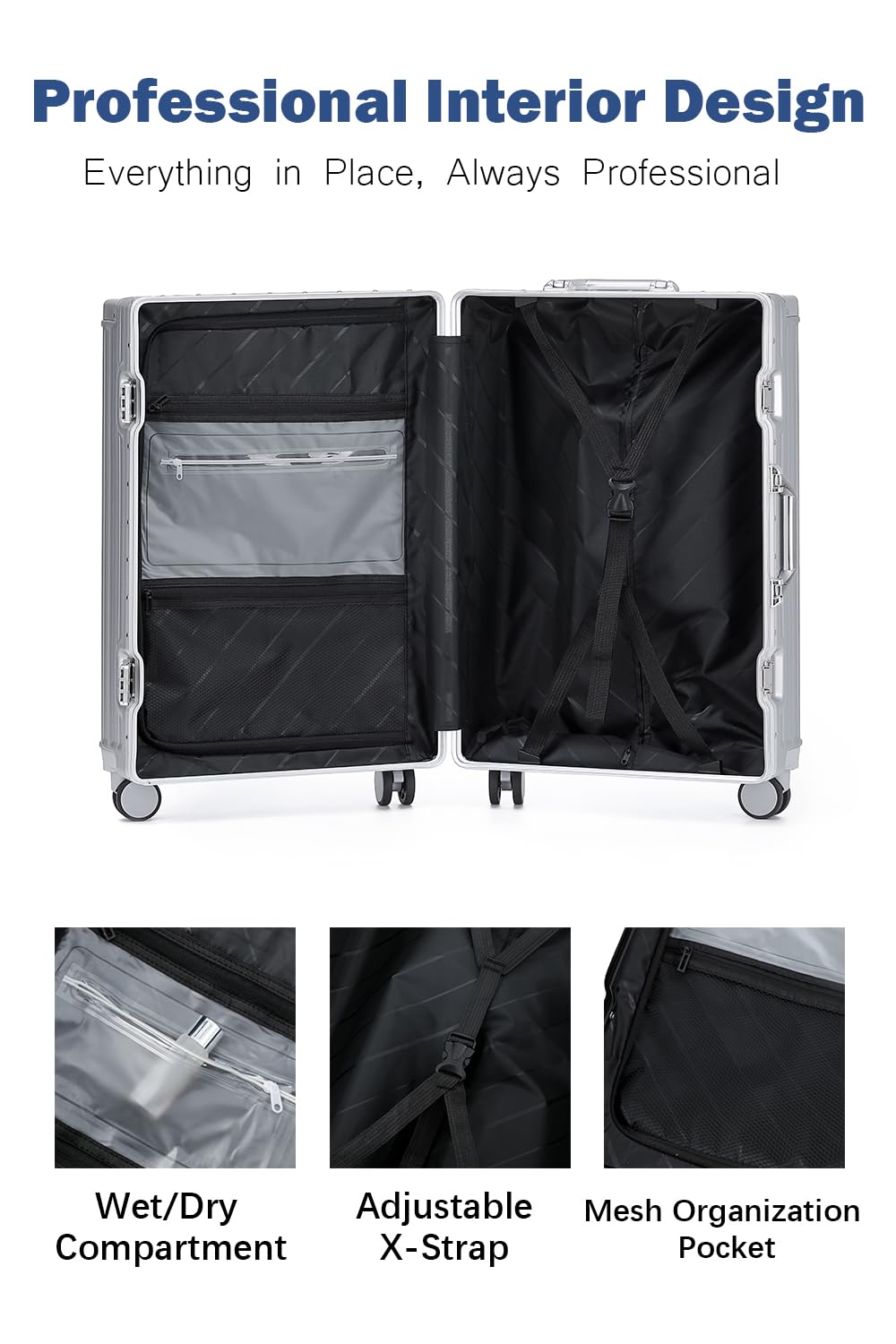 HotWay 20 Inch Aluminum Frame Carry On Luggage with Spinner Wheels, PC Hard Shell Suitcase with Cup Holder, Zipperless Luggage for Business Travel, Silver