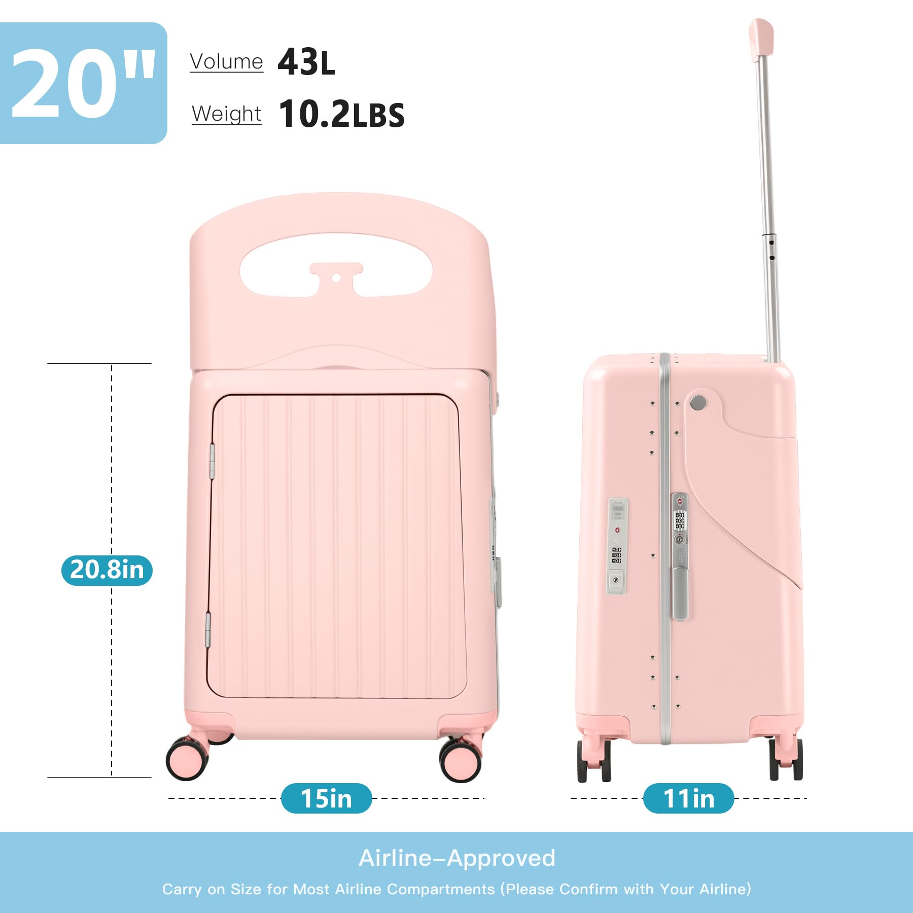 advwin 20" Carry-On Luggage with Seat for Kids & Adults, Lightweight Hardside Ride-On Suitcase with Front Opening, TSA Lock, 360° Spinner Wheels (Pink, 20-inch)