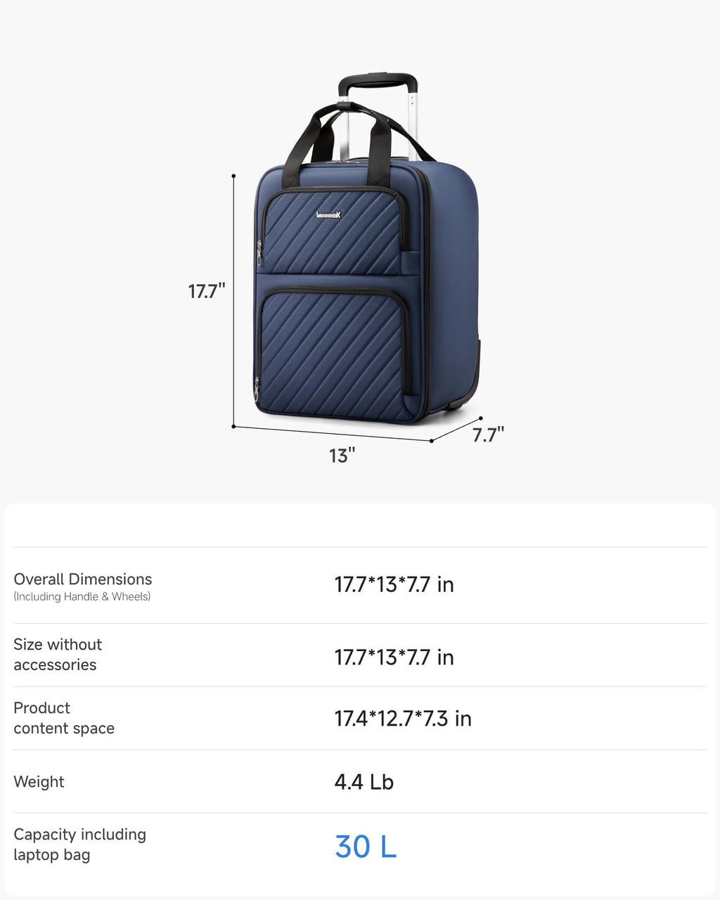 LUGGEX Underseat Carry On Luggage with Wheels, UDK-Plus Large-Capacity Lightweight Soft Sided Personal Item Suitcase for Short Trips (UX-Plus, Blue Black, 16 Inch)