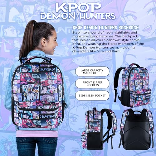 AI ACCESSORY INNOVATIONS K-Pop Demon Hunters Huntrix 16” Backpack for Girls, Featuring an AOP of Rumi, Zoey, Mira, Allover Print