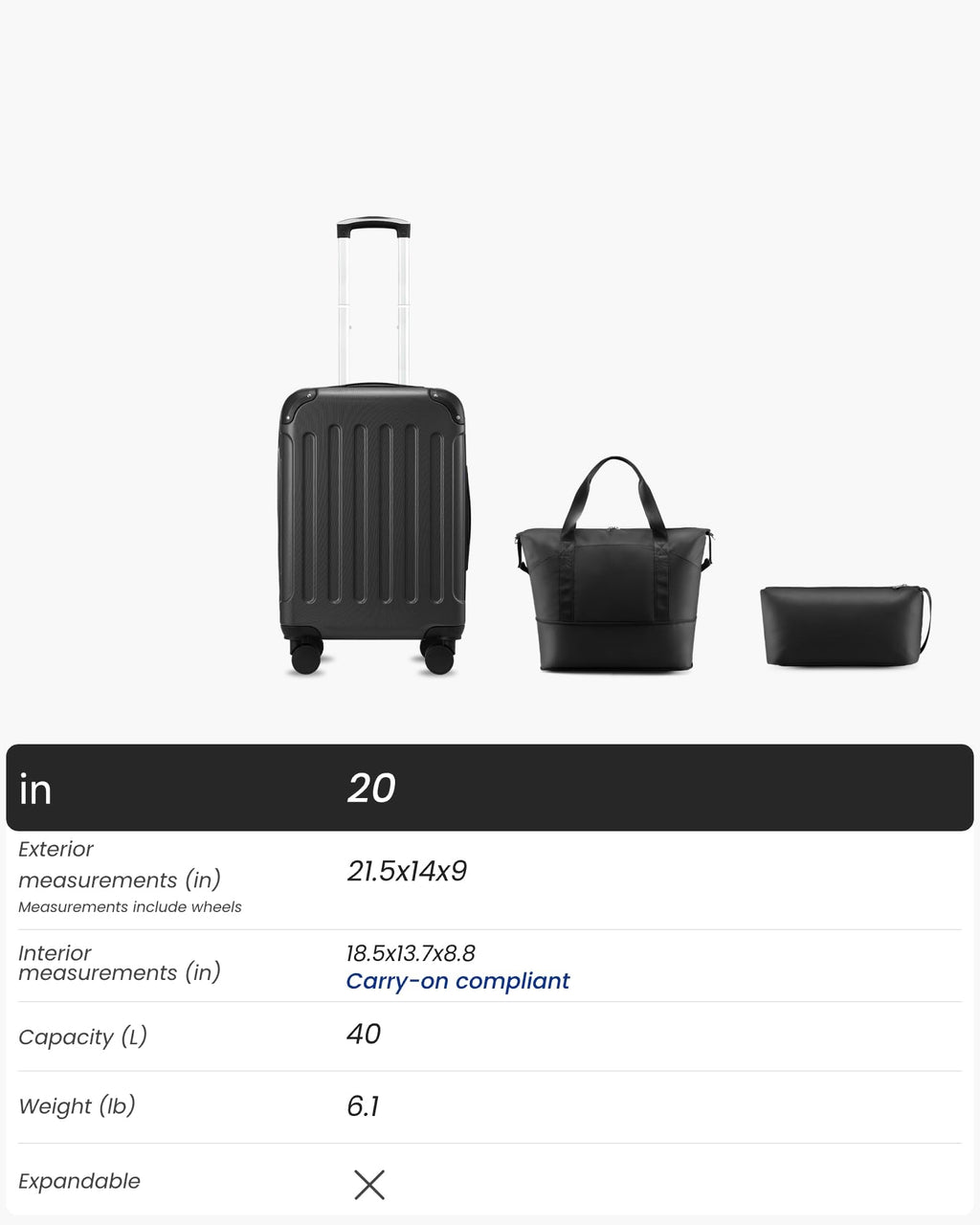 YOETEY Carry On Luggage 22x14x9 Airline Approved, Hardside Suitcase with Wheels, TSA Approved, Tote Bag, White Brown