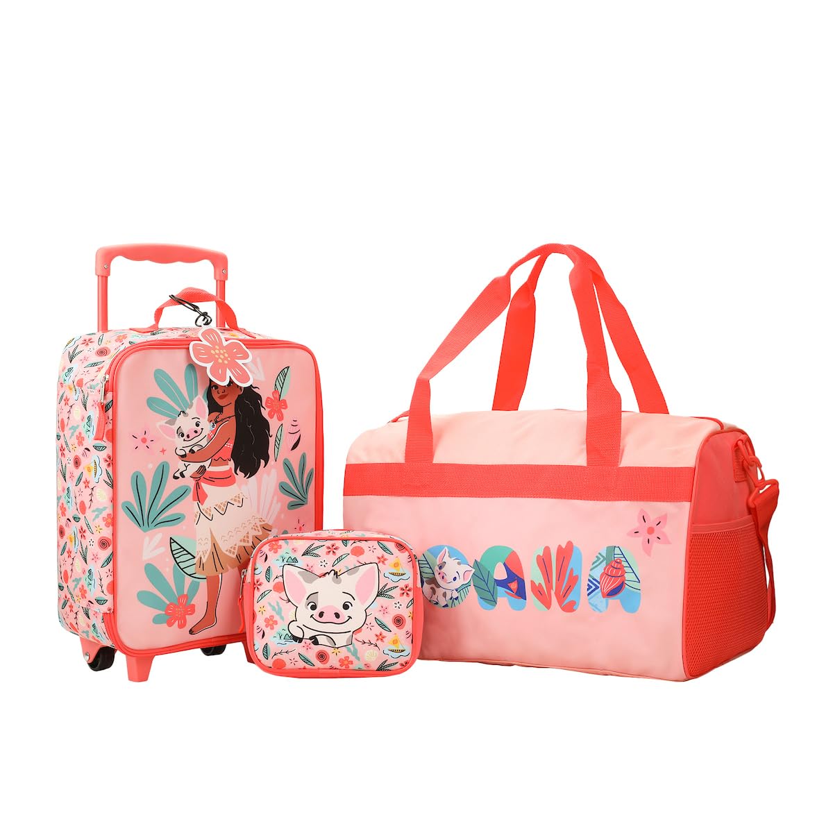 Bioworld Moana Pua & Moana Tropical Print Youth 4-Piece Carry On Luggage Travel Set