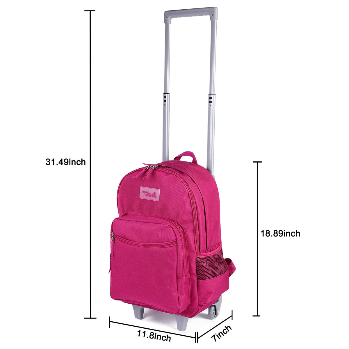 Tilami Rolling Backpack 18 inch Double Handle Wheeled Boys Girls Travel School Children Luggage Toddler Trip, Deep Pink