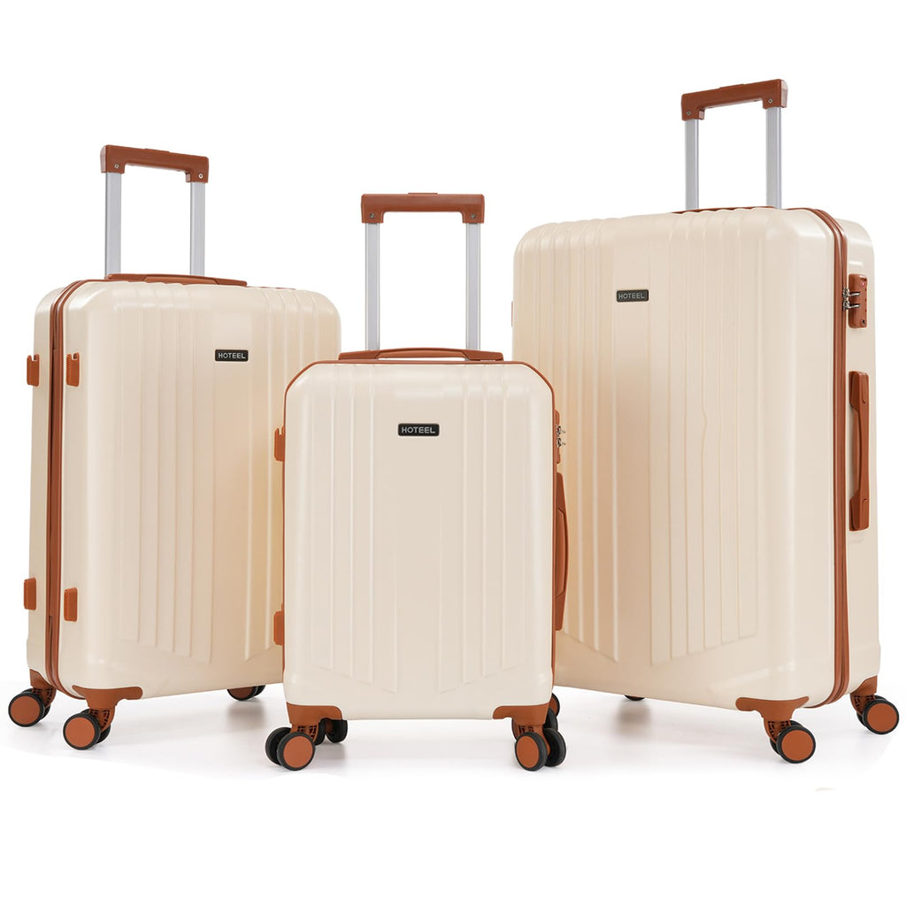 Hoteel Luggage Sets 3 Piece, 4-Yr Warranty Durable Suitcase Dual-Spinner Wheel TSA Lock, Lightweight Travel Hardshell PC+ABS Carry on Luggage for Men&Women, Beige(20/24/28 inch)