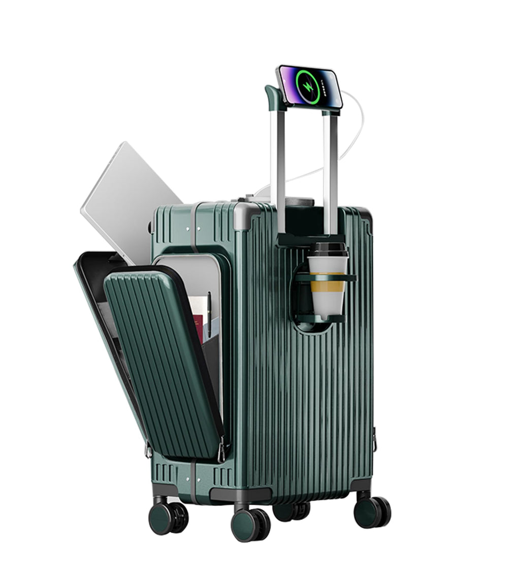 feilario 20in Aluminum Frame PC Carry On Luggage Tri-Zone Access Hard Shell Brake Wheels Suitcase with Cup Holder, Phone Holder, TSA Approved Lock (Green, 20")