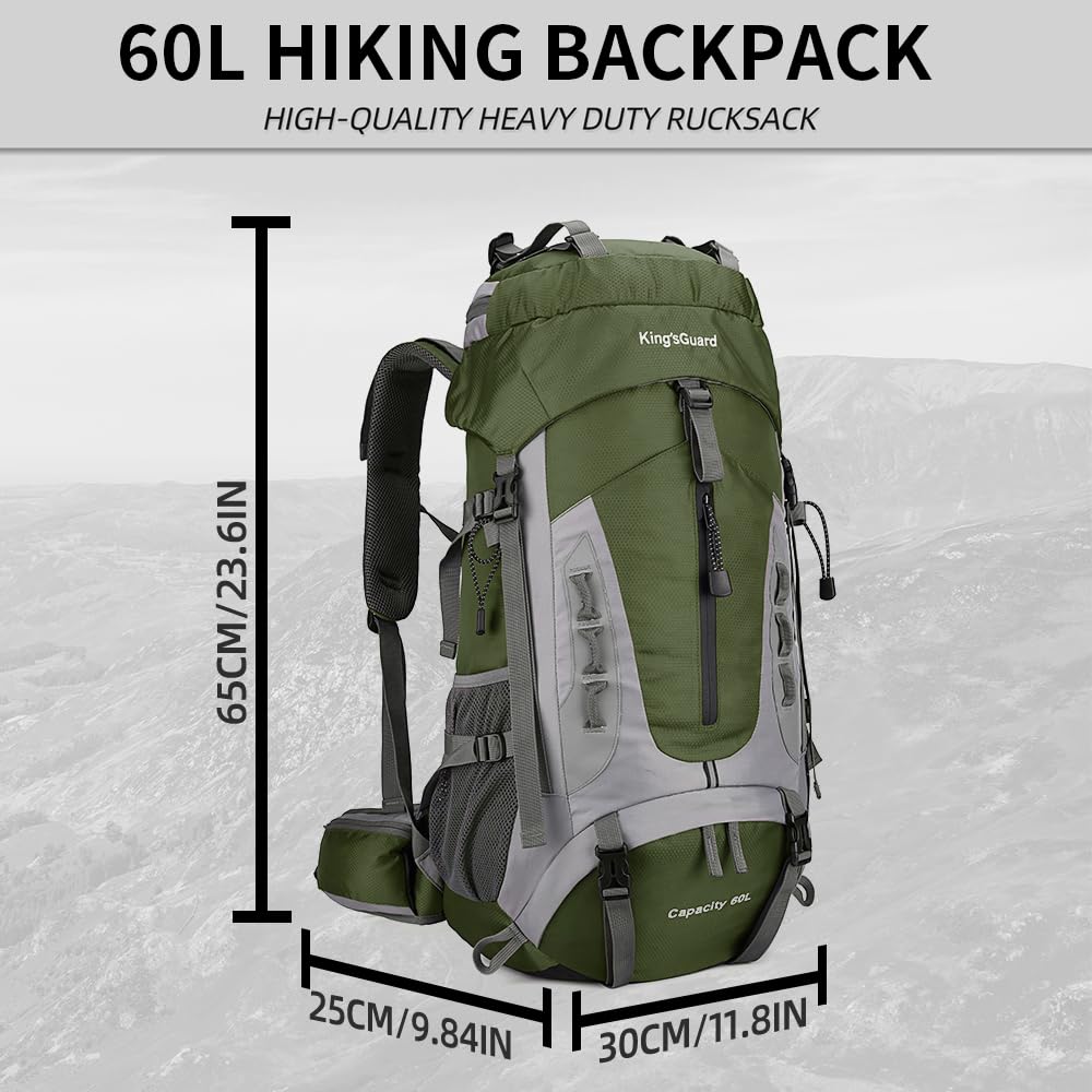 King'sGuard 60L Hiking Backpack for Men and Women Lightweight Camping Hiking Backpack with Rain Cover Large Waterproof Travel Backpack Backpacking Pack (Army Green)