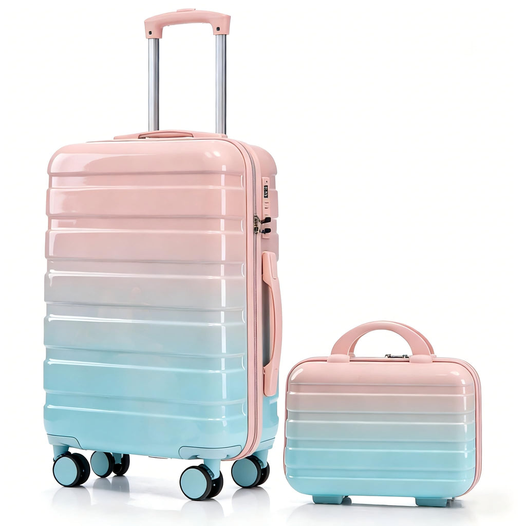 Luxebough Gradient Color Suitcase 2-Piece Set, 20" Rotating Wheel Suitcase with 14" Cosmetic Case, Lightweight Durable Hardshell Luggage with 360° Spinner Wheels for Travel, Women & Girls (Blue+Pink)