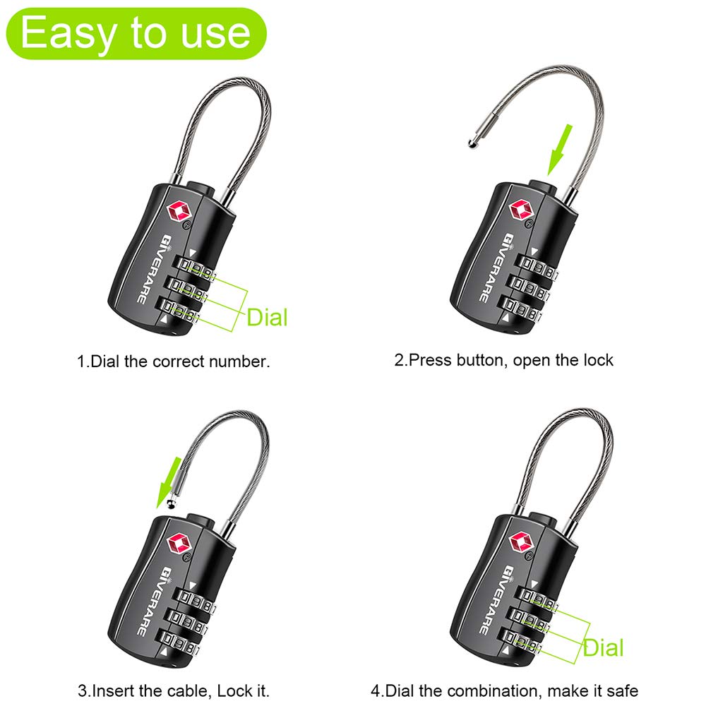GIVERARE TSA Approved Luggage Locks, Combination Travel Cable Lock, Re-settable 3-Digit Padlocks with Alloy Body, Keyless Travel Sentry Accepted Padlock for Gym Locker, Golf Bag Case, Backpack-Black