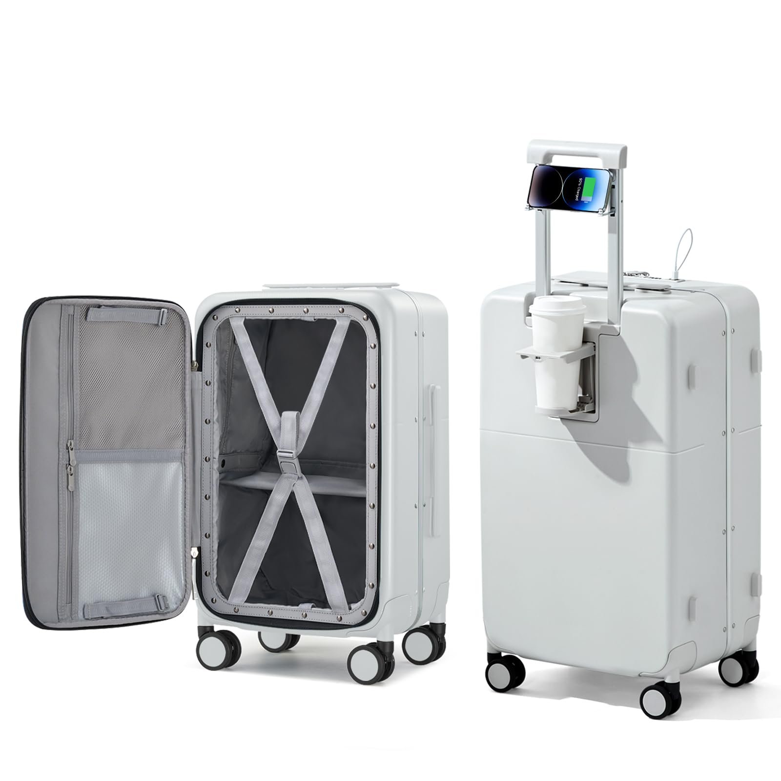 Hanke 20 Inch Carry On Luggage with Cup Holder and Charge,Top Opening Hard Shell Suitcases with Wheels and Dividers,Aluminum Frame Trunk Luggage Small Suitcase with Lock for Travel,Smoke White