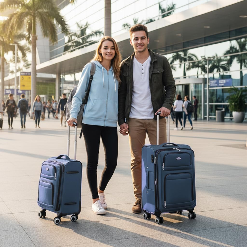 New York XPress Softside Luggage Sets 2 Piece,Expandable15% Lightweight Durable Suitcase Sets Double Spinner Wheels w/Combination LOCK （Blue,20in/26in）