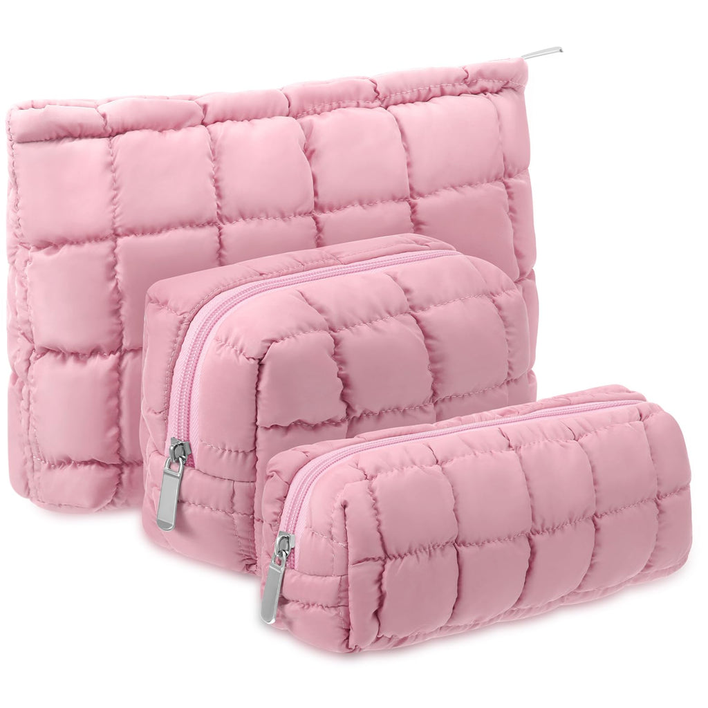 Huhumy 3 Pcs Puffy Makeup Bag Quilted Cosmetic Pouch for Women Cute Checkered Travel Toiletry Bag Puffer Makeup Organizer Purse Pouch Preppy Pencil Case with Zipper