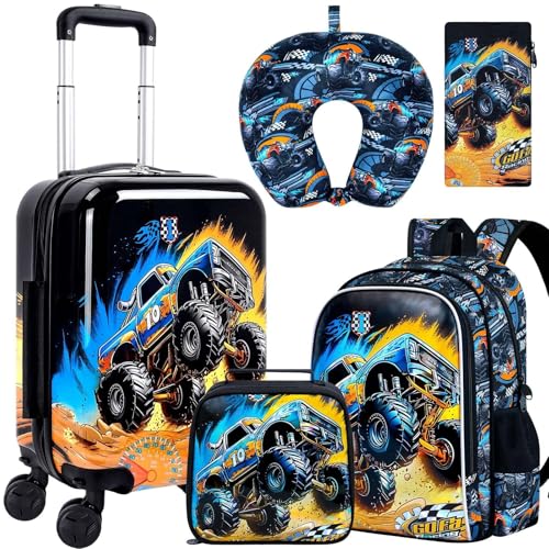 5Pcs Kids Suitcase Set for Boys, 16.5" Hardside Luggage with Spinner Wheels, Truck Travel Carry on Luggage Airline Approved (Black)