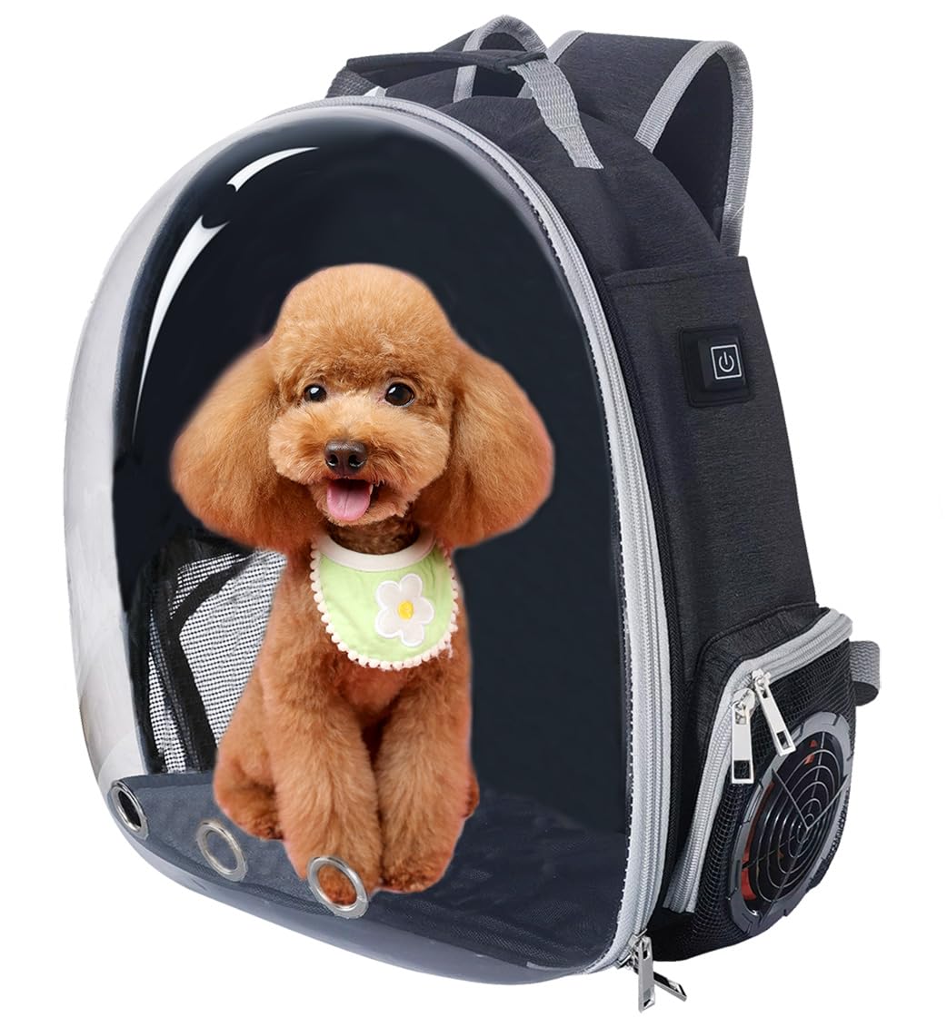 Active Cooling Pet Backpack Carrier with Side Fan,Airline Approved Transparent Bubble Backpack for Cats, Dogs, Puppies Enhanced Ventilation for Travel, Hiking, Camping (Black)